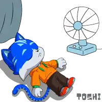 a cartoon of a cat laying down in front of a fan with the word toshi on the bottom right
