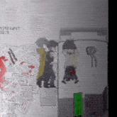 a drawing of a man hanging upside down in front of a pile of bloody papers