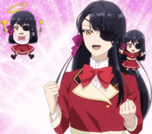 a girl with long black hair and a red bow tie is holding a horn
