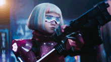 a woman in a futuristic outfit holds a gun with the number 8 on her chest