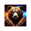 a painting of a bear wearing a jacket with fire and water behind it .