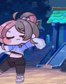 a cartoon of a girl with a blue shirt that says ' a ' on it