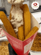 a person is holding a box of churros that says cho2re