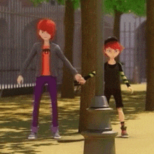 two cartoon characters are holding hands in a park .