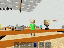 a computer generated image of a classroom with a sign that says exit on it