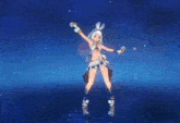 a girl in a bikini is standing in front of a blue background with the words `` genshin impact '' written in white letters .