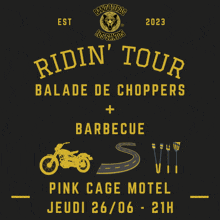 a poster for a riding tour with a motorcycle and barbecue