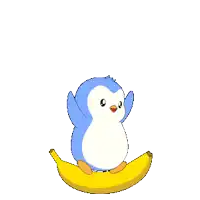 a penguin is sitting on a banana with its arms outstretched