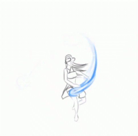 a sketch of a female character dancing in a ballet style swinging around and lifting her leg whilst standing on her toes with her other foot and a blue fluid pattern follows her hand