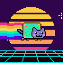 a pixel art drawing of a cat with a rainbow in its mouth