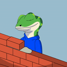 a cartoon lizard wearing a blue shirt is building a wall