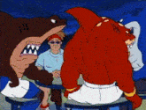 a cartoon of a man sitting at a table with two sharks behind him