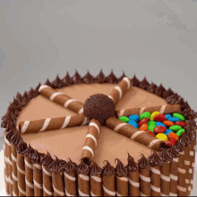 a chocolate cake with wafer rolls and m & m 's