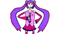 a drawing of a girl with long purple hair and a microphone with the letter ne on her chest