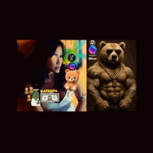 a picture of a woman holding a teddy bear next to a picture of a bear with a chain around its neck