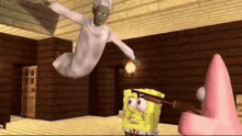 a cartoon character is holding a spongebob squarepants balloon .