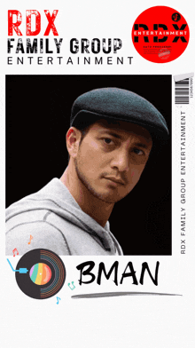 an ad for rdx family group entertainment features a man wearing a flat cap