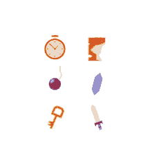 a clock a bomb a key a sword and a piece of paper are shown on a white background
