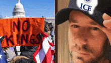 a man wearing an ice hat holds an orange sign