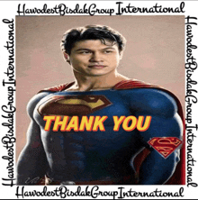 a picture of a man in a superman costume with the words thank you on it