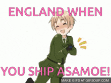 a picture of an anime character with the words england when you ship asamoe