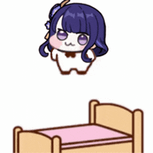 a cartoon of a girl flying over a bed .