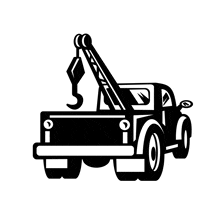 a black and white drawing of a tow truck with a crane attached to the back