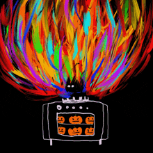 a drawing of pumpkins being cooked in an oven with a colorful background