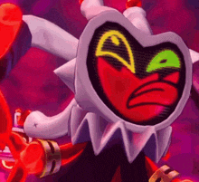 a close up of a cartoon character with a heart shaped face and glowing eyes .