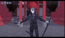 a video game character is holding two swords in front of a red lantern