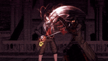 a video game shows a man holding a sword and a woman holding a torch