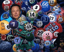 a painting of lottery balls with one that says bom 69