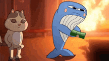 a cat and a whale are standing next to each other and the whale is holding a bunch of money