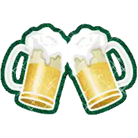 two mugs of beer are toasting each other with foam on top