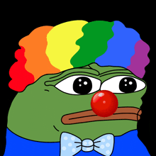 a green frog wearing a rainbow wig and a red nose