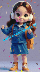 a little girl wearing headphones and a backpack is surrounded by confetti and the words curtie recommendo