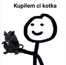 a stick figure is holding a black rat on a leash and smiling .