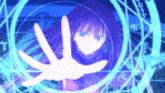 a girl with blue hair is surrounded by a blue circle with chinese symbols on it