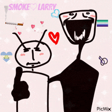 a drawing of two stick figures with the words smoke larry in the background