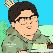 a cartoon of a man holding a cake with the word prime video on the bottom right