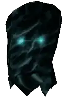 a ghost with blue eyes and a black cloth covering its face