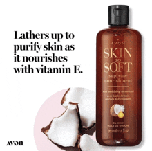 a bottle of avon skin so soft supreme nourishment oil wash with coconut oil