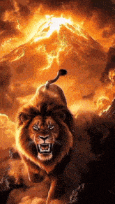 a lion is running in front of a volcano