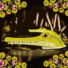 a cartoon drawing of a crocodile swimming in a pond