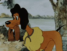 a cartoon dog is wearing a yellow collar and a black hat