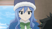 a girl with blue hair and a white hat looks angry