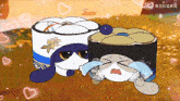 a cartoon drawing of a rabbit and a sushi roll with hearts around them and the word jita on the bottom