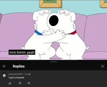 a cartoon of two dogs hugging with the words mm-hmm yeah on the bottom