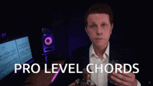 a man drinking from a bottle with the words pro level chords written below him