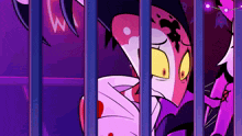 a cartoon character is behind bars in a prison cell .